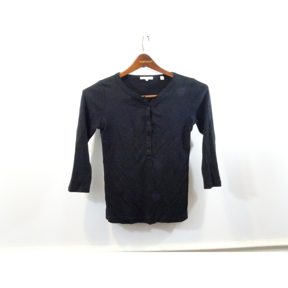 Vince Black Cotton Modal Blend 3/4 Sleeve Henley Top Small Classic Slim